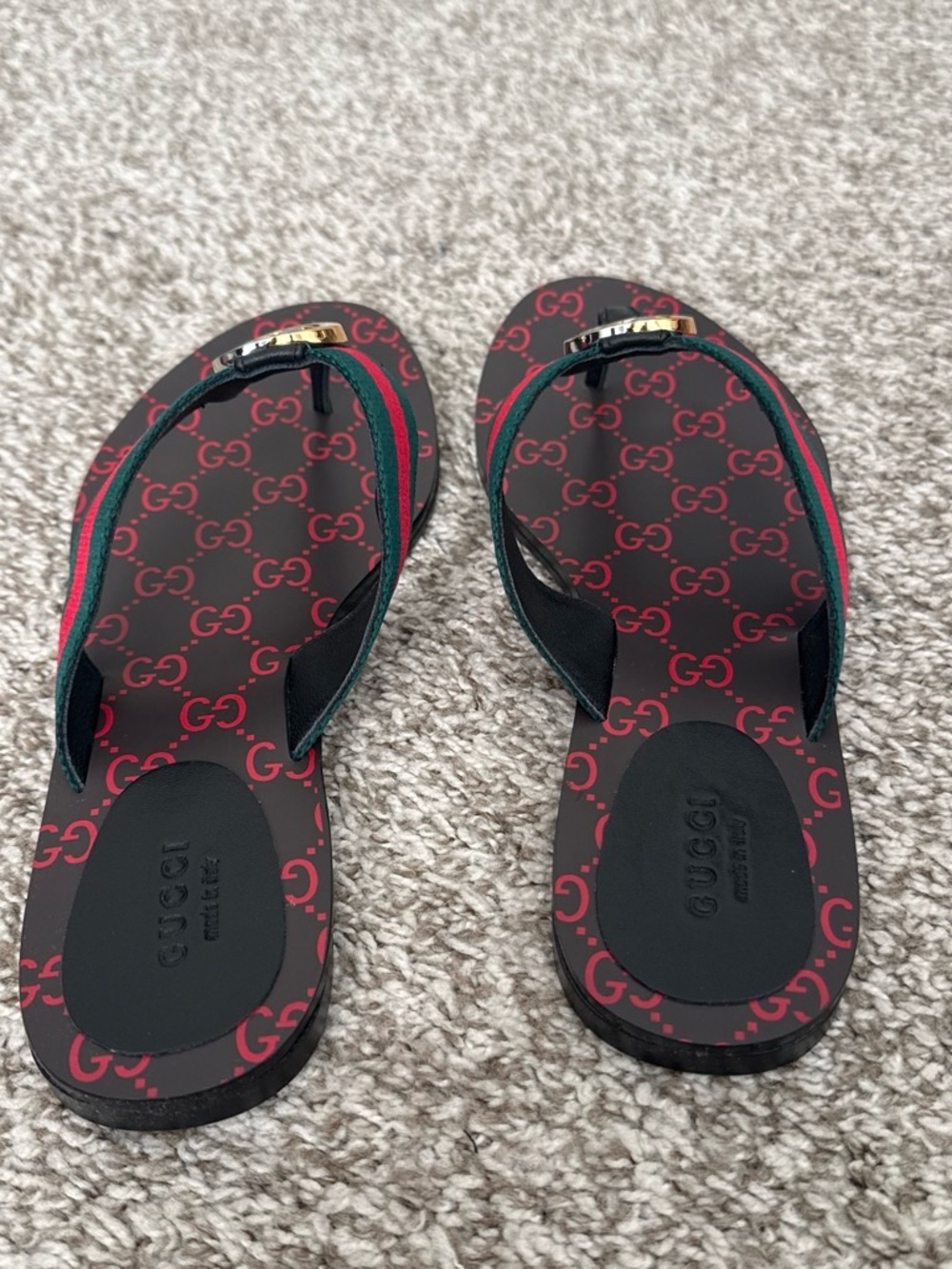 Gucci Black Sandals with Green & Red Web and Gold GG Emblem - Picture 3 of 8